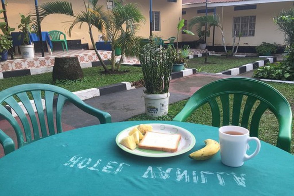 A simple breakfast table at Hotel Vanilla in Bundibugyo near Semuliki National Park