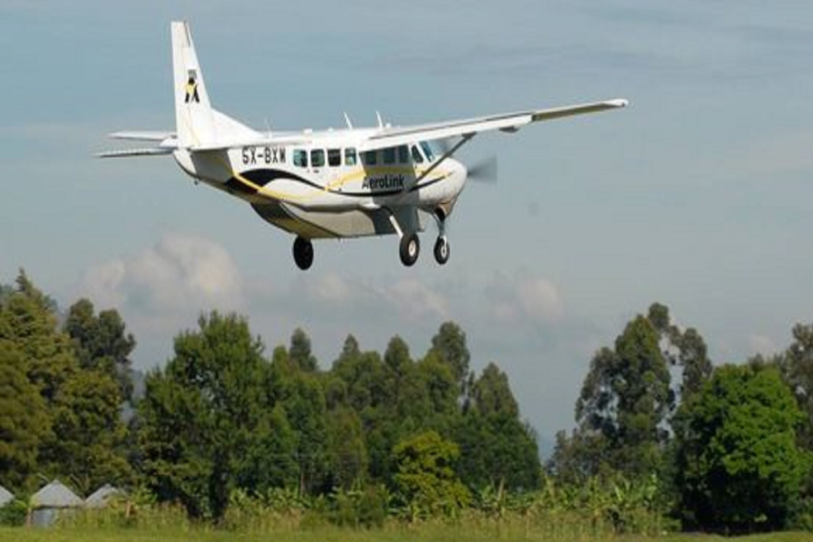 One of Aerolink's planes landing at an airstrip in a National Park