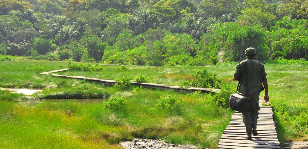 A game ranger walking through Semuliki Valley to Sempaya Hot springs in Semuliki National Park